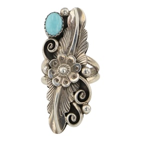 Jimmy Lee Navajo Kingman Turquoise Leaf work Ring