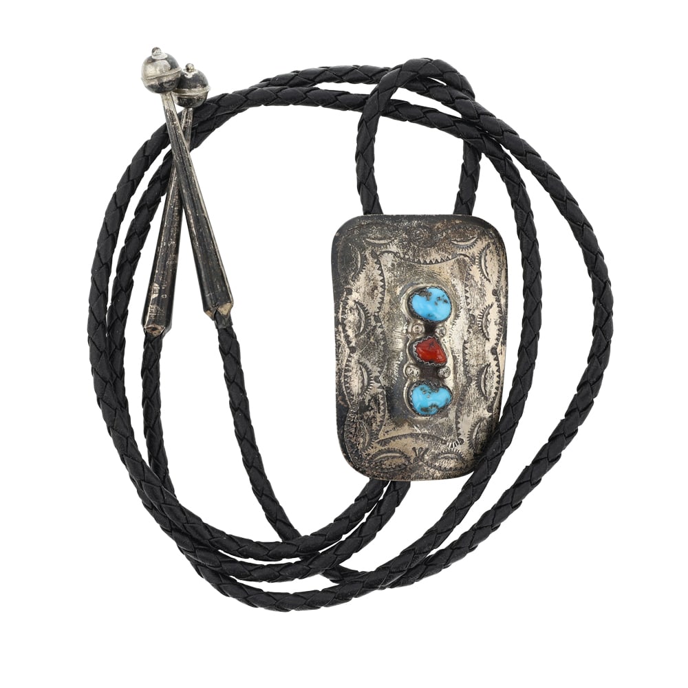 Vintage Navajo Turquoise & Coral: Sterling Silver | Genuine Turquoise & Coral | Vintage Navajo Turquoise & Coral | Navajo Native American Southwest Indian Jewelry | Good (no breaks or damages) | Approximate Weight: 30 Grams | Bolo Tie