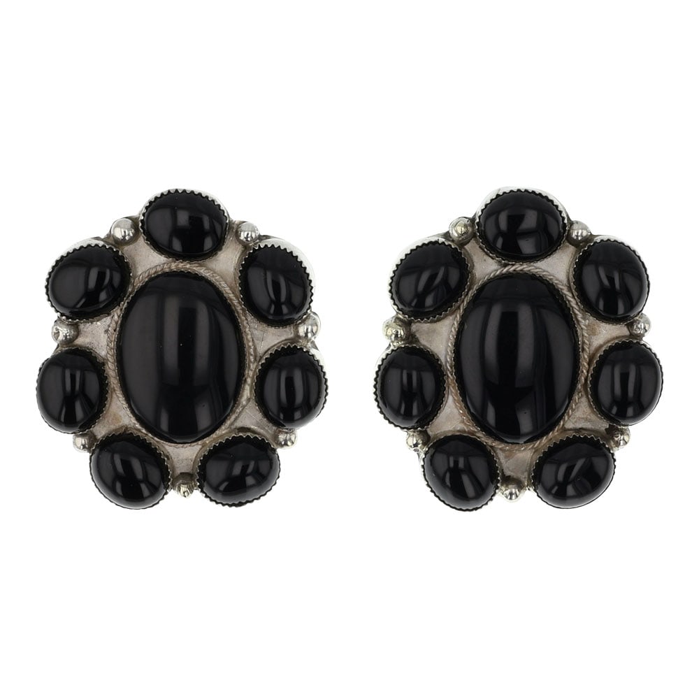 Navajo Black Onyx Cluster Earrings: Sterling Silver | Genuine Black Onyx | Navajo Black Onyx Cluster Earrings | Navajo Native American Southwest Indian Jewelry | Good (no breaks or damages) | Approximate Weight: 36 Grams | Earrings: 1.5