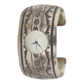 Vintage Navajo Plain Silver Stamp Work Watch Bracelet