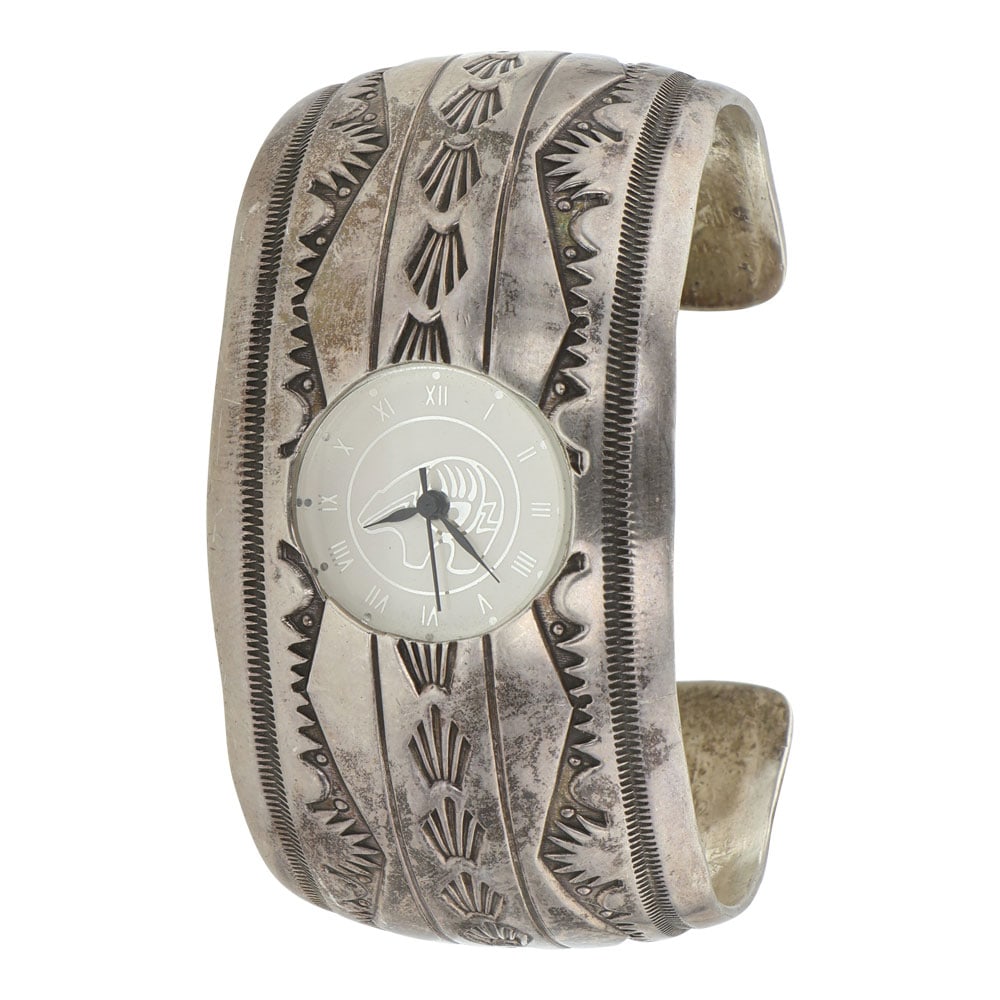 Vintage Navajo Plain Silver Stamp Work Watch Bracelet (1 of 3)