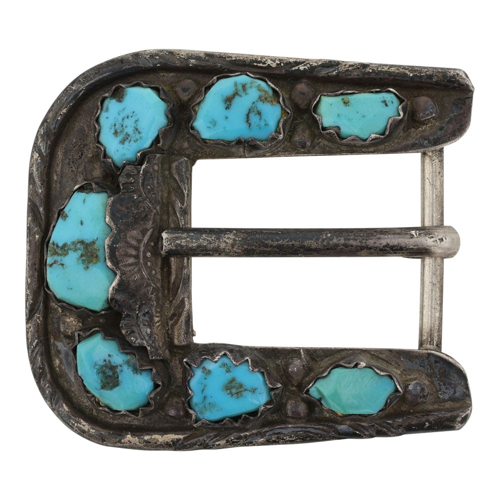 Angelita Cheama Vintage (Circa 1970s) Zuni Kingman Turquoise Ranger Belt Buckle: Sterling Silver | Genuine Kingman Turquoise | Angelita Cheama Vintage (Circa 1970s) Zuni Kingman Turquoise Ranger Belt Buckle | Zuni Native American Southwest Indian Jewelry | Good (no breaks or damag