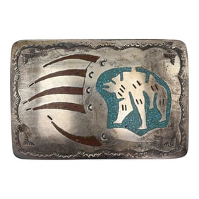 Vintage Navajo Turquoise & Coral Chip Inlay Bear Belt Buckle