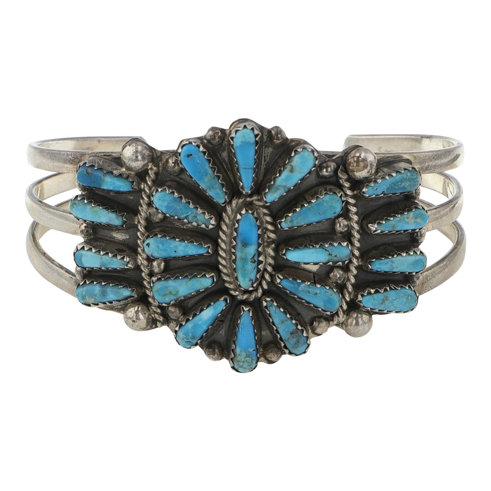 Tommy Lowe Nacozari Turquoise Cluster Bracelet: Sterling Silver | Genuine Nacozari Turquoise | Tommy Lowe Nacozari Turquoise Cluster Bracelet | Navajo Native American Southwest Indian Jewelry | Good (no breaks or damages) | Approximate Weight: 37 G