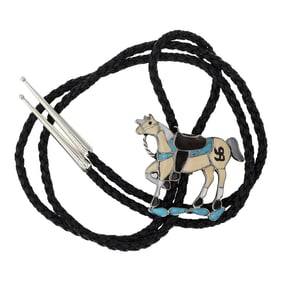 Zuni Turquoise Mother of Pearl & Shell Inlay Route 66 Horse Inlay Bolo Tie