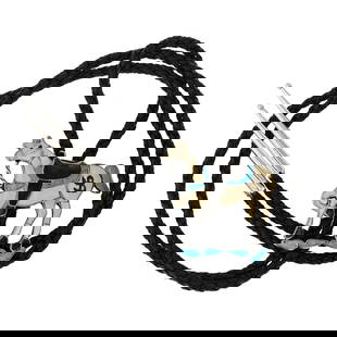 Zuni Turquoise Mother of Pearl & Shell Inlay Route 66 Horse Inlay Bolo Tie: Sterling Silver | Genuine Turquoise, Mother of Pearl & Shell | Zuni Turquoise Mother of Pearl & Shell Inlay Route 66 Horse Inlay Bolo Tie | Zuni Native American Southwest Indian Jewelry | Good (no bre
