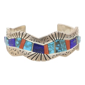 Wes Willie Award Winning Navajo Turquoise Coral Lapis & 18K Gold Accents Inlay Cuff Bracelet