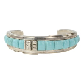 Navajo Lone Mountain Turquoise Cobblestone Inlay Cuff Bracelet