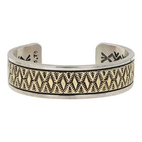 Johnathan Nez Navajo 14K Gold & Sterling Silver Intricate Stamp Work Cuff Bracelet