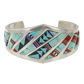 Julian Arviso (1959-2011) Award Winning Navajo Artists Turquoise Coral Jet & Lapis Inlay Cuff