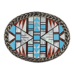 Richard Begay Navajo Turquoise Coral & Mother of Pearl Inlay Belt Buckle