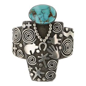 Alex Sanchez Navajo Royston Turquoise Large Petroglyph Cuff Bracelet