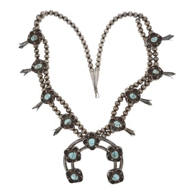 Vintage Navajo Dry Creek Turquoise Squash Blossom Necklace