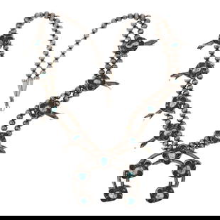Vintage Navajo Dry Creek Turquoise Squash Blossom Necklace: Sterling Silver | Genuine Dry Creek Turquoise | Vintage Navajo Dry Creek Turquoise Squash Blossom Necklace | Navajo Native American Southwest Indian Jewelry | Good (no breaks or damages) |