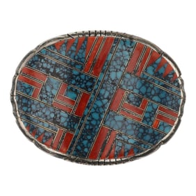 Vintage Navajo Spiderweb Turquoise & Mediterranean Coral Belt Buckle