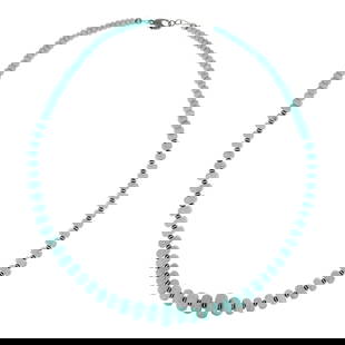 Navajo Compitos Turquoise & Oxidized Beads Graduated Necklace: Sterling Silver | Genuine Compitos Turquoise | Navajo Compitos Turquoise & Oxidized Beads Graduated Necklace | Navajo Native American Southwest Indian Jewelry | Good (no breaks or damages) |