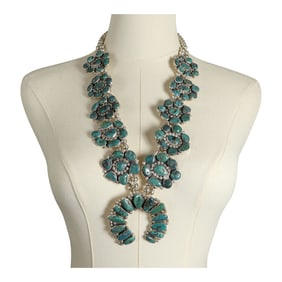 Navajo Compitos Turquoise Large Cluster Squash Blossom Necklace