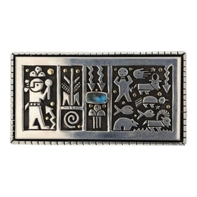 Joseph Coriz Santa Domingo Award Winning Artist 14K Gold & Sterling Silver Turquoise belt Buckle