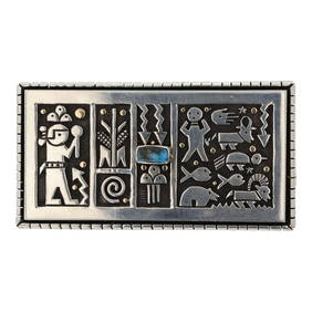 Joseph Coriz Santa Domingo Award Winning Artist 14K Gold & Sterling Silver Turquoise belt Buckle (1 of 2)