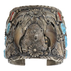 Vintage Navajo Turquoise & Coral Large Bear Claw Wide Cuff Bracelet