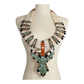 James Crespin Santo Domingo Pueblo Massive Turquoise Coral & Mother of Pearl Necklace
