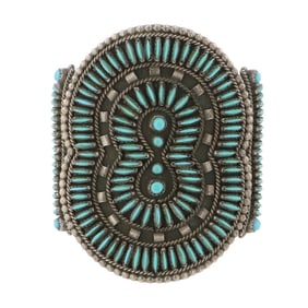 Vintage 1960s/ 1970s Zuni Sleeping Beauty Turquoise Intricate Needlepoint Cuff Bracelet