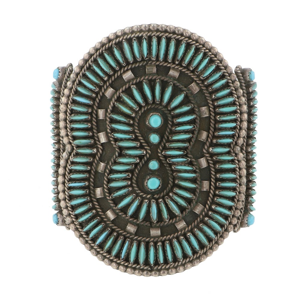 Vintage 1960s/ 1970s Zuni Sleeping Beauty Turquoise Intricate Needlepoint Cuff Bracelet