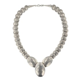 Vintage Navajo Plain Silver Stamp Work Pillow Beads Choker Necklace