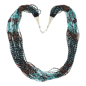 Janice Tenorio Santa Domingo Pueblo Kewa Acoma Jet Turquoise Coral & Shell Heishi Necklace