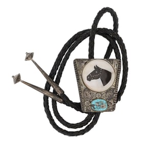 Vintage Zuni Turquoise Jet & Mother of Pearl Inlay Horse Bolo Tie