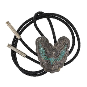 Vintage Navajo Turquoise Chip Inlay Peyote Bird Bolo Tie