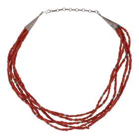 Vintage Navajo Mediterranean Coral & Turquoise Five Strand Necklace
