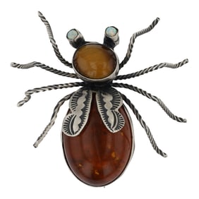 Herbert Ration Navajo Amber & Tiger's Eye & Synthetic Opal Winged Beetle Pin