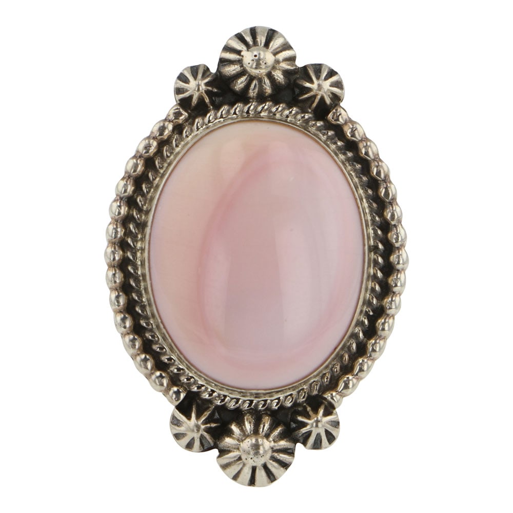 Ella Linkin Navajo Pink Conch Ring: Sterling Silver | Genuine Pink Conch | Ella Linkin Navajo Pink Conch Ring | Navajo Native American Southwest Indian Jewelry | Good (no breaks or damages) | Approximate Weight: 10 Grams | Ring: 10 size