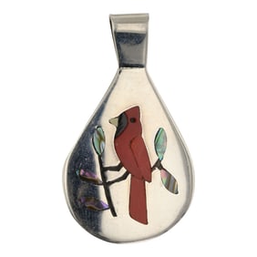 Zuni Mediterranean Coral & Shell Inlay Bird Pendant