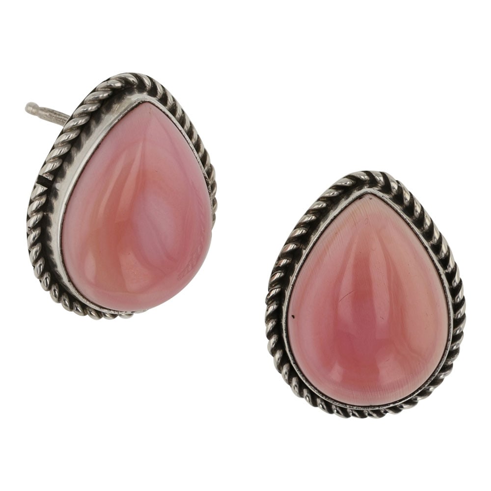 Navajo Pink Conch Earrings: Sterling Silver | Genuine Pink Conch | Navajo Pink Conch Earrings | Navajo Native American Southwest Indian Jewelry | Good (no breaks or damages) | Approximate Weight: 7 Grams | Earrings: .5" x .75" (