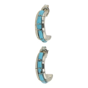 Zuni Kingman Turquoise Inlay Hoop Earrings