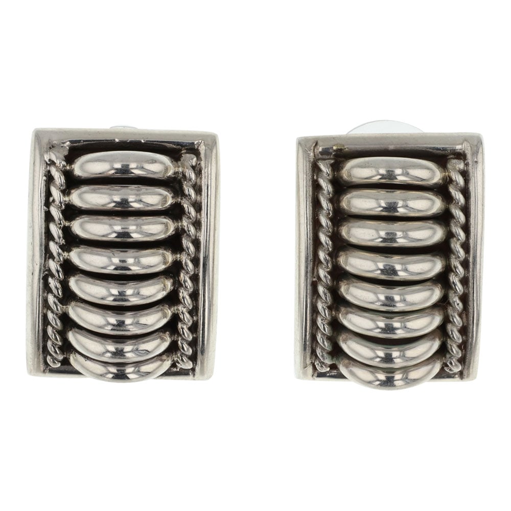 Navajo Half Round Earrings: Sterling Silver | | Navajo Half Round Earrings | Navajo Native American Southwest Indian Jewelry | Good (no breaks or damages) | Approximate Weight: 15 Grams | Earrings: .75" x 1" (each) | Signed: TC
