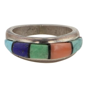 Richard Begay Navajo Turquoise Lapis & Coral Inlay Ring