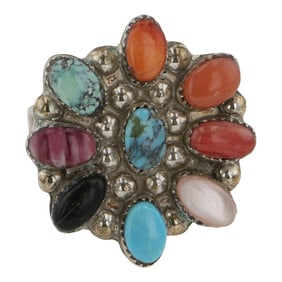 Vintage Navajo Turquoise Coral Black Onyx Mussel Shell & Spiny Oyster Cluster Ring