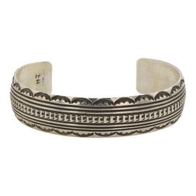 Navajo Plain Silver Stamp-Work Cuff Bracelet