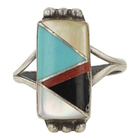 Zuni Turquoise Coral Jet & Shell Inlay Ring