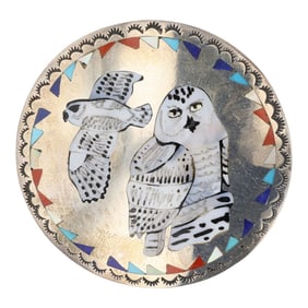 Quentin Quam Sr. Zuni Turquoise Coral Lapis Mother of Pearl Owl Pin/ Pendant