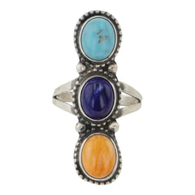 Lydia Begay Navajo Turquoise Lapis & Spiny Oyster Three Stone Ring