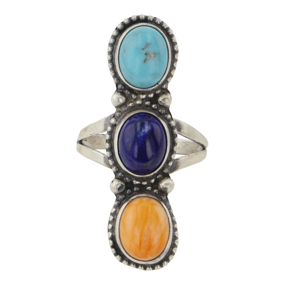Lydia Begay Navajo Turquoise Lapis & Spiny Oyster Three Stone Ring (1 of 3)