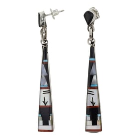 Zuni Turquoise Coral Acoma Jet & Mother of Pearl Inlay Earrings