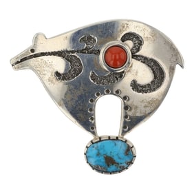 Vernon Begaye Award Winning Navajo Artist Morenci Turquoise & Mediterranean Coral bear Pendant