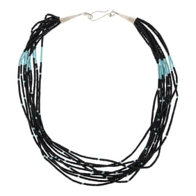 Janice Tenorio Santa Domingo Pueblo Acoma Jet & Turquoise Heishi 10 Strand Necklace