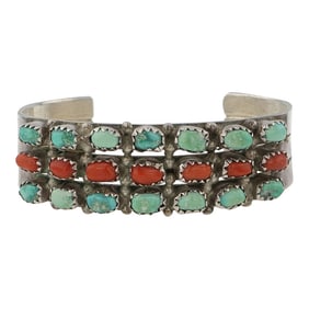Vintage Navajo Nevada Turquoise & Mediterranean Coral Three Row Cuff Bracelet