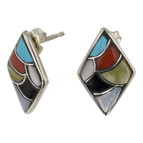 Zuni Turquoise Coral Acoma Jet & Mother of Pearl Inlay Earrings